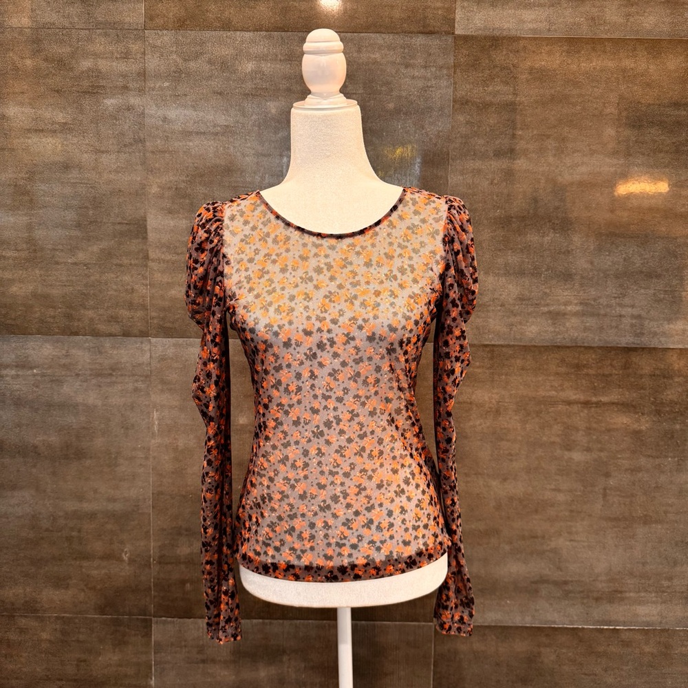 1. State  Floral Mesh Puff-Sleeve Top